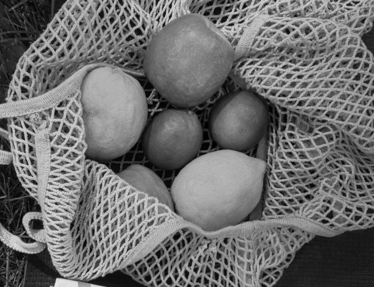 black and white bag of fruit